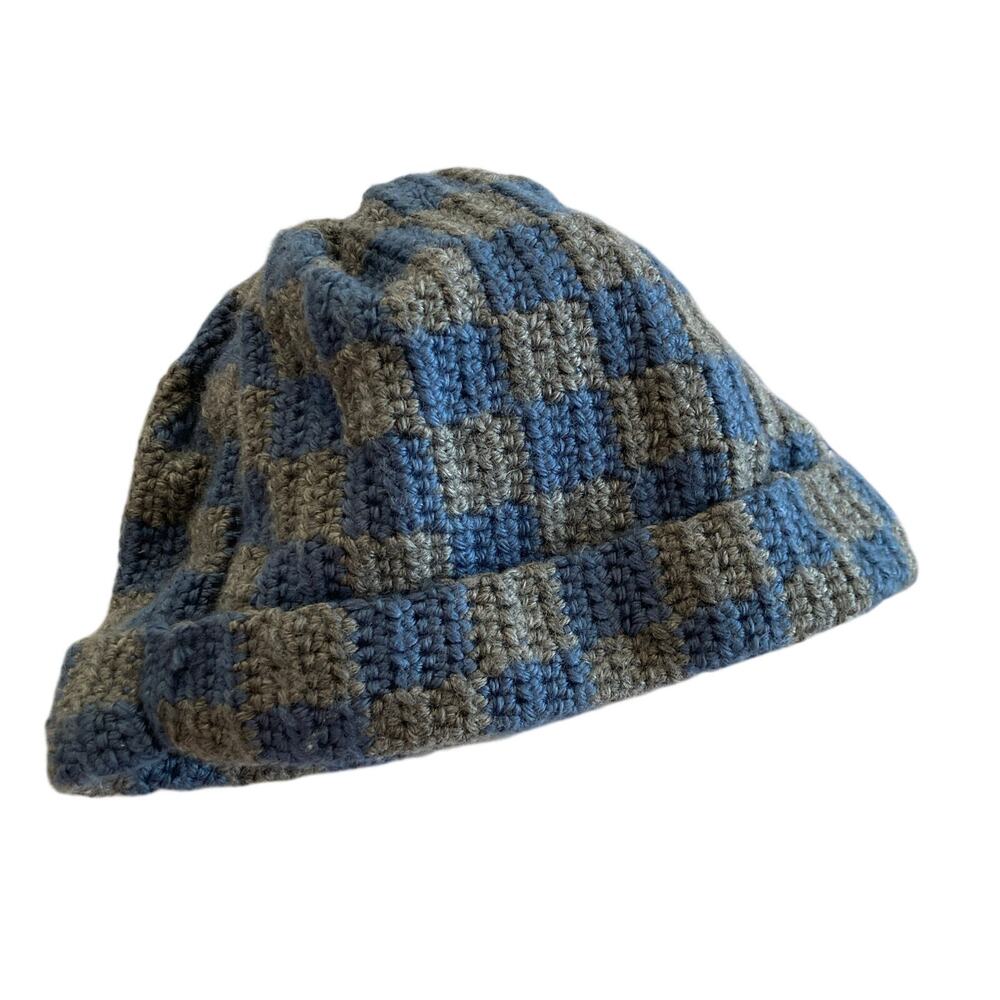 Handmade Blue & Gray Checkered Hat Adult M Thick Knit Ski Outdoors Grunge Retro